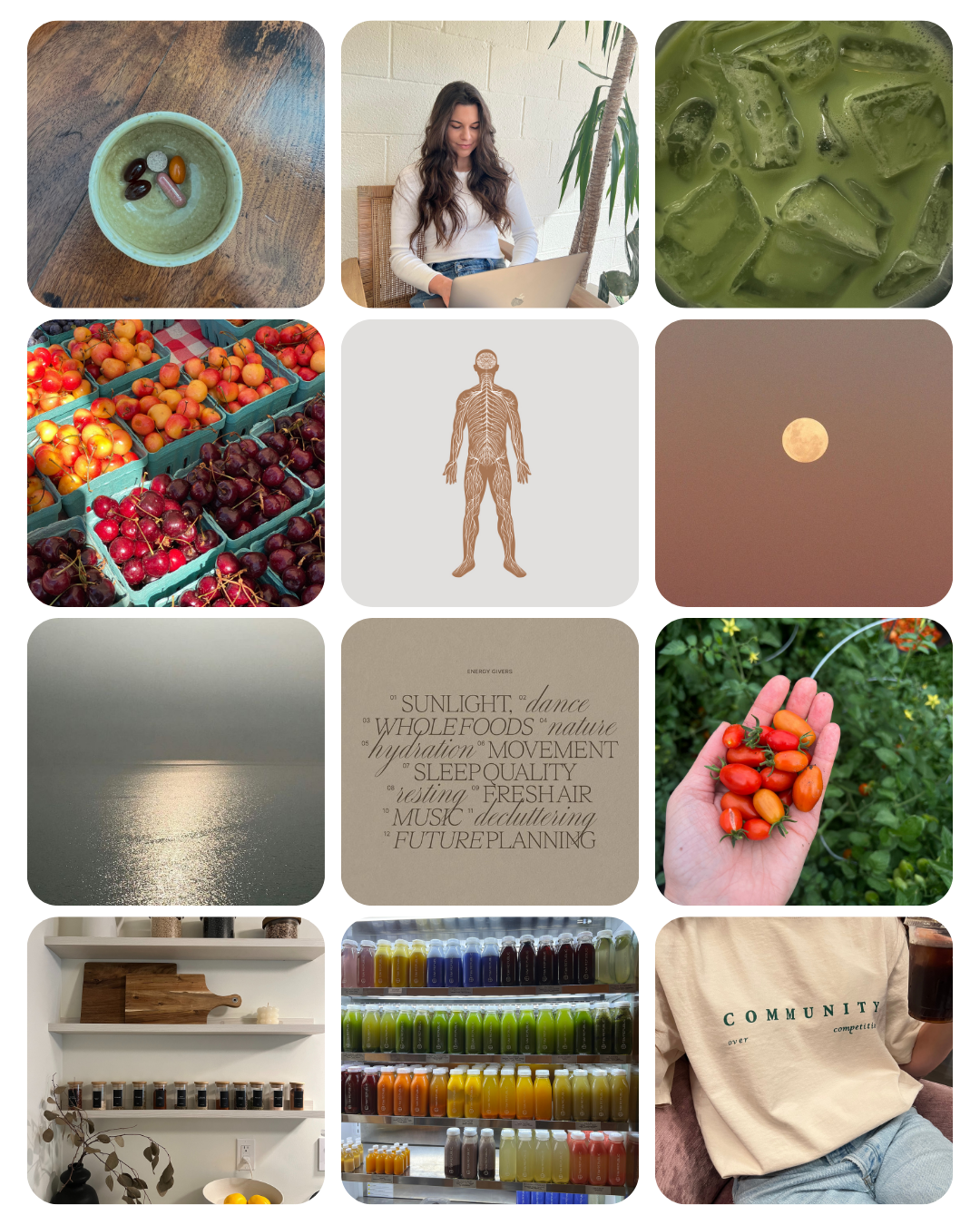 A curated collage of wellness moments — supplements, whole foods, nature, and mindful living at Hello Holistic Studio