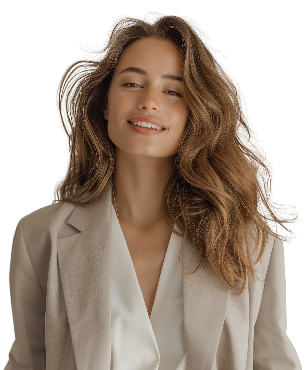 A young woman with long, wavy, light brown hair smiling and wearing a white blouse and beige blazer.