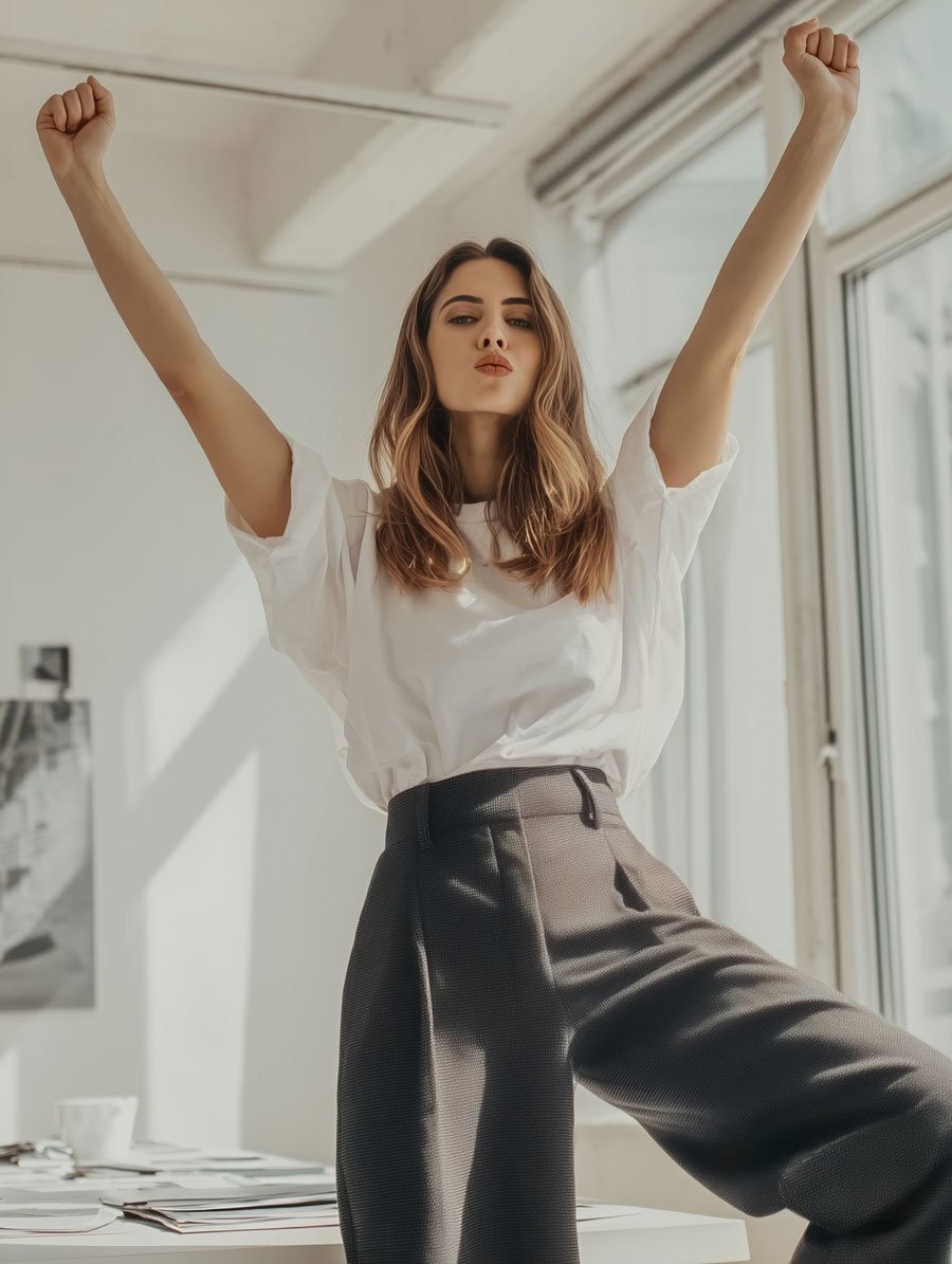 A confident young woman with wavy brown hair and bold eyebrows standing indoors near sunlight, wearing a white T-shirt and high-waisted black leather pants, with arms raised in a victory pose.