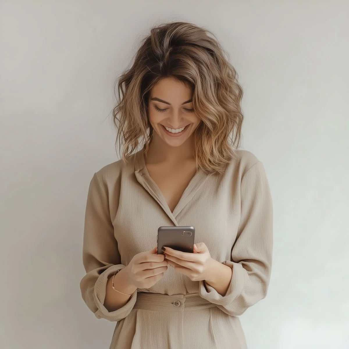 A woman with wavy brown hair smiling and looking at her smartphone against a plain light-colored wall.