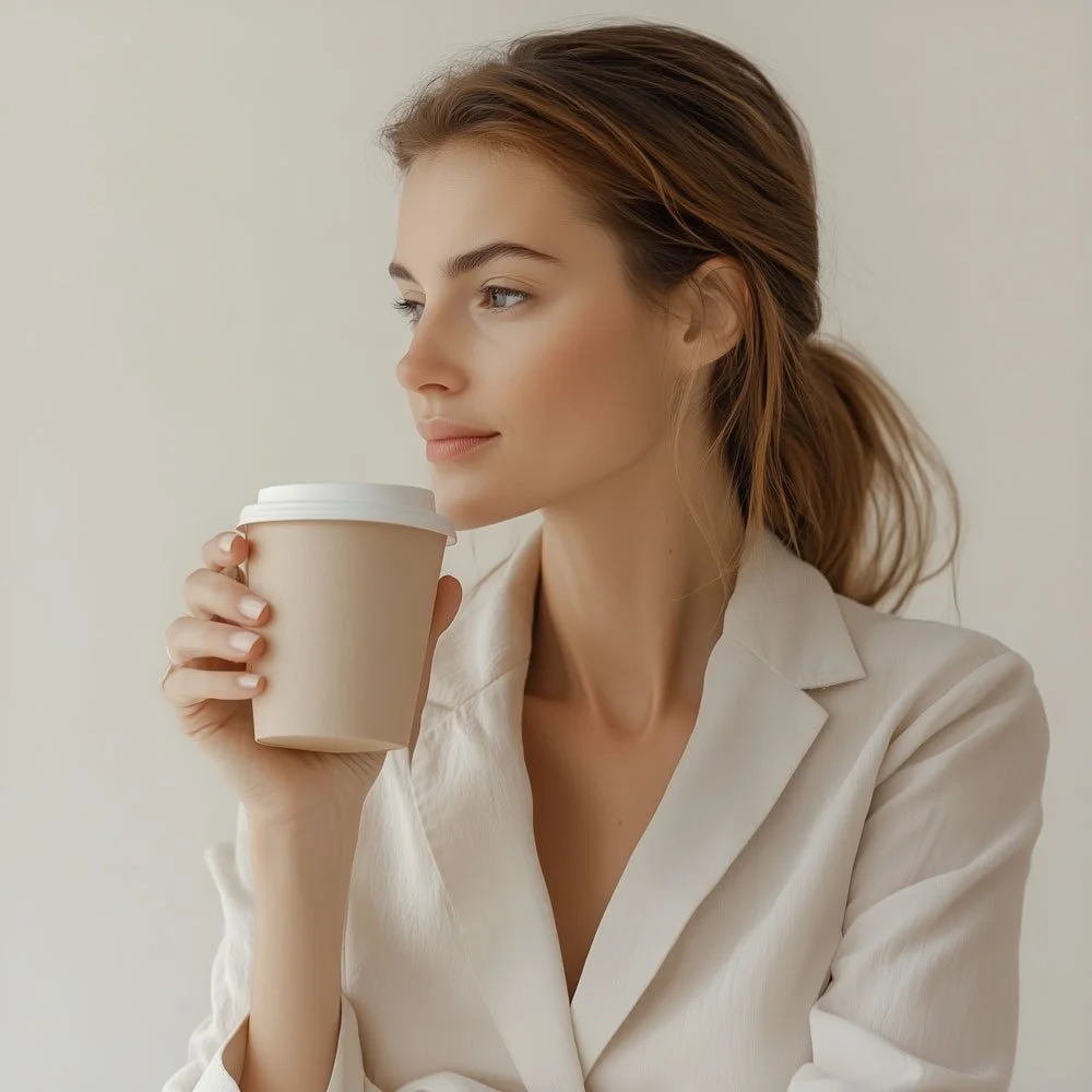 A woman with light skin and brown hair styled in a ponytail, wearing a beige blazer, is holding a paper coffee cup with a white lid near her face, looking thoughtfully to the side.