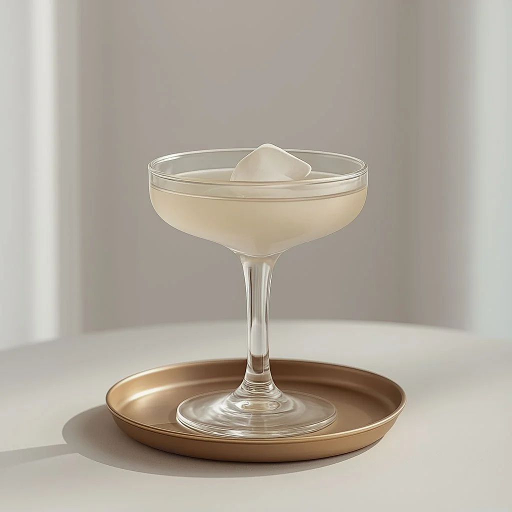 A transparent cocktail glass with a wide bowl and stem, filled with a light-colored liquid, sitting on a small round golden tray with a slice of ice inside, against a plain light background.