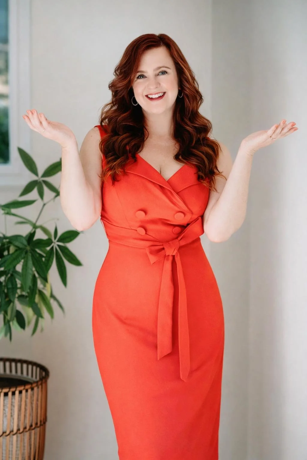 A woman with red hair wearing a sleeveless, red dress with buttons and a front tie, smiling with her arms raised in a celebratory gesture, standing indoors near a plant and a window.