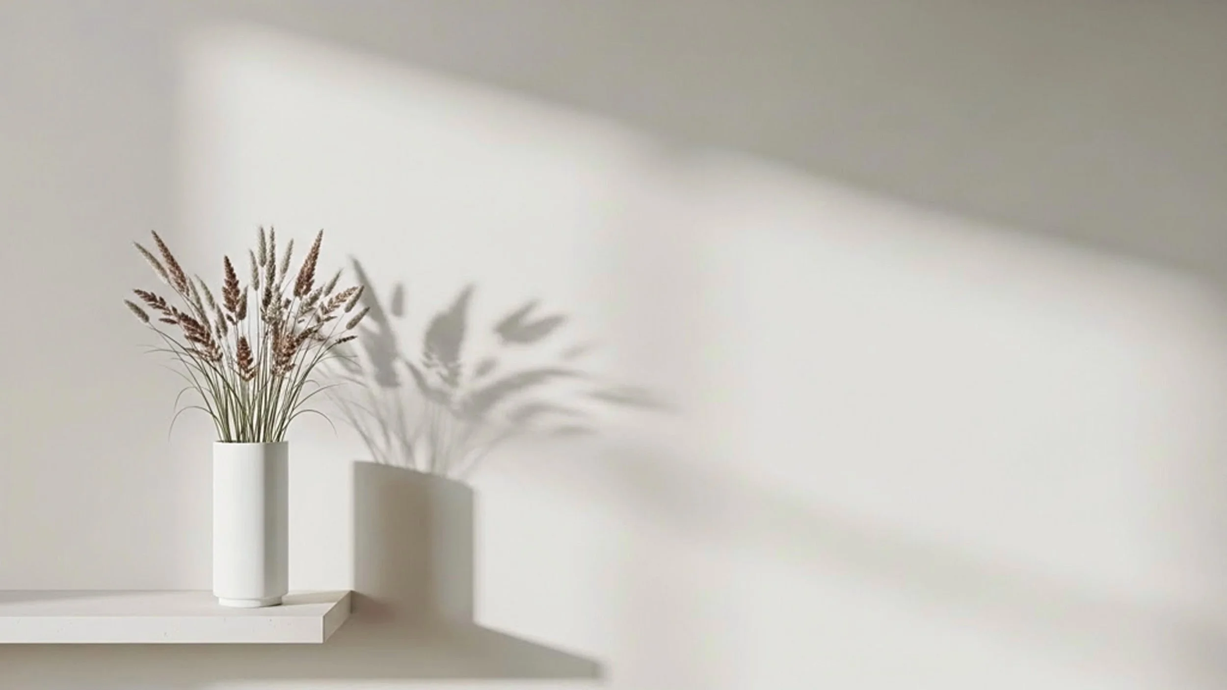 A white vase with dried lavender and grasses on a white shelf, casting a shadow on a plain white wall.