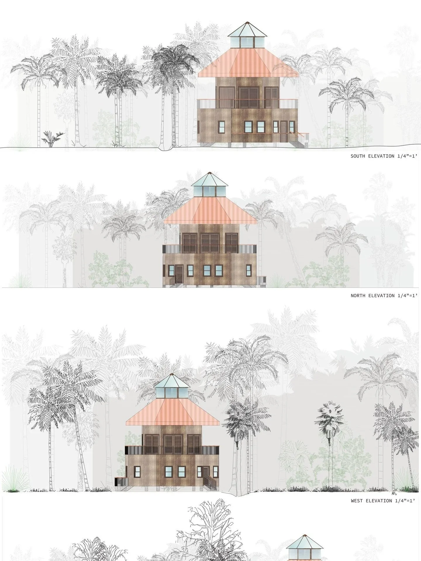 Architectural elevation drawings of a multi-story house with a distinctive tiered roof, set against a background of palm trees, showing south, north, and west views.