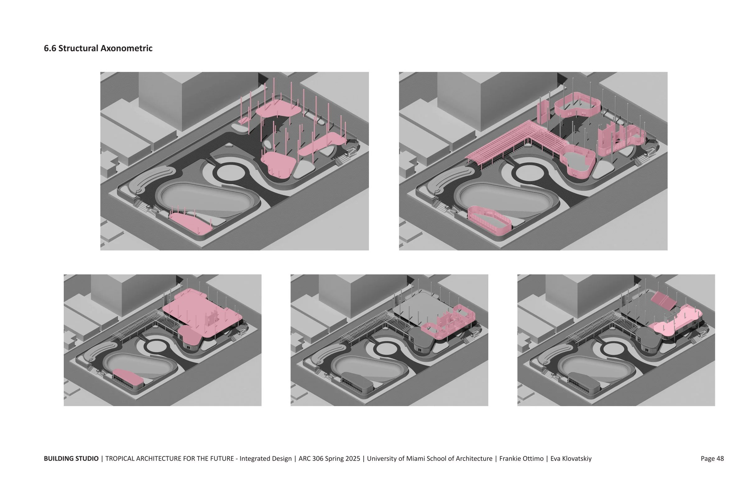 A detailed architectural diagram showing a tropical themed building design with multiple structures, pathways, and pools, highlighting different levels and structural elements in shades of gray and pink.