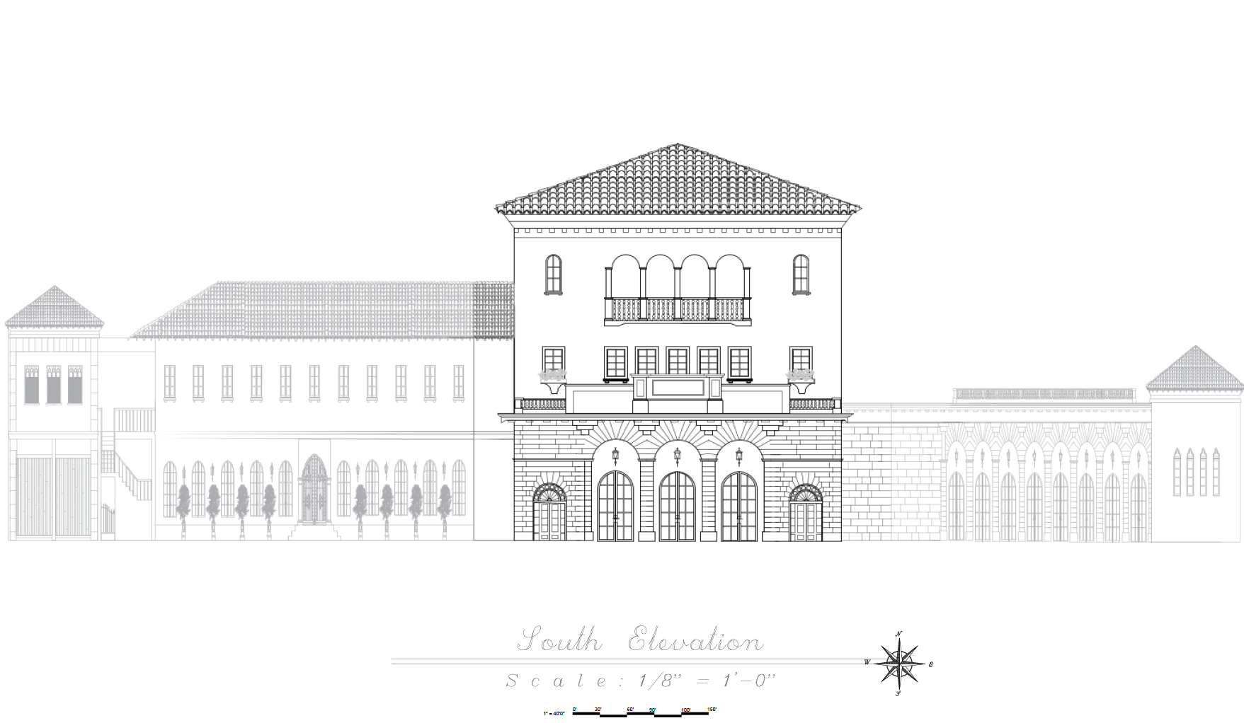Architectural blueprint of a building's south elevation with detailed facades, windows, doors, and a tower, including notes on scale and compass.