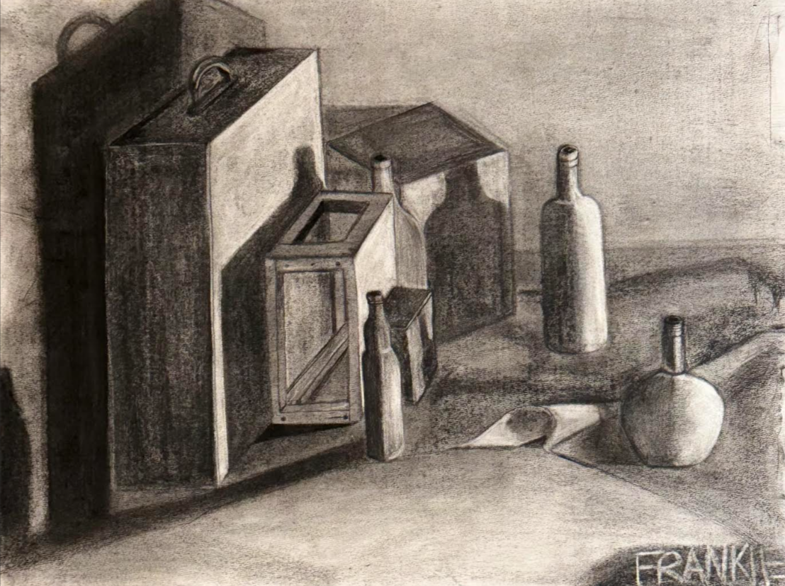 A monochrome still life drawing of several bottles and boxes on a table, with shadows cast across the scene.