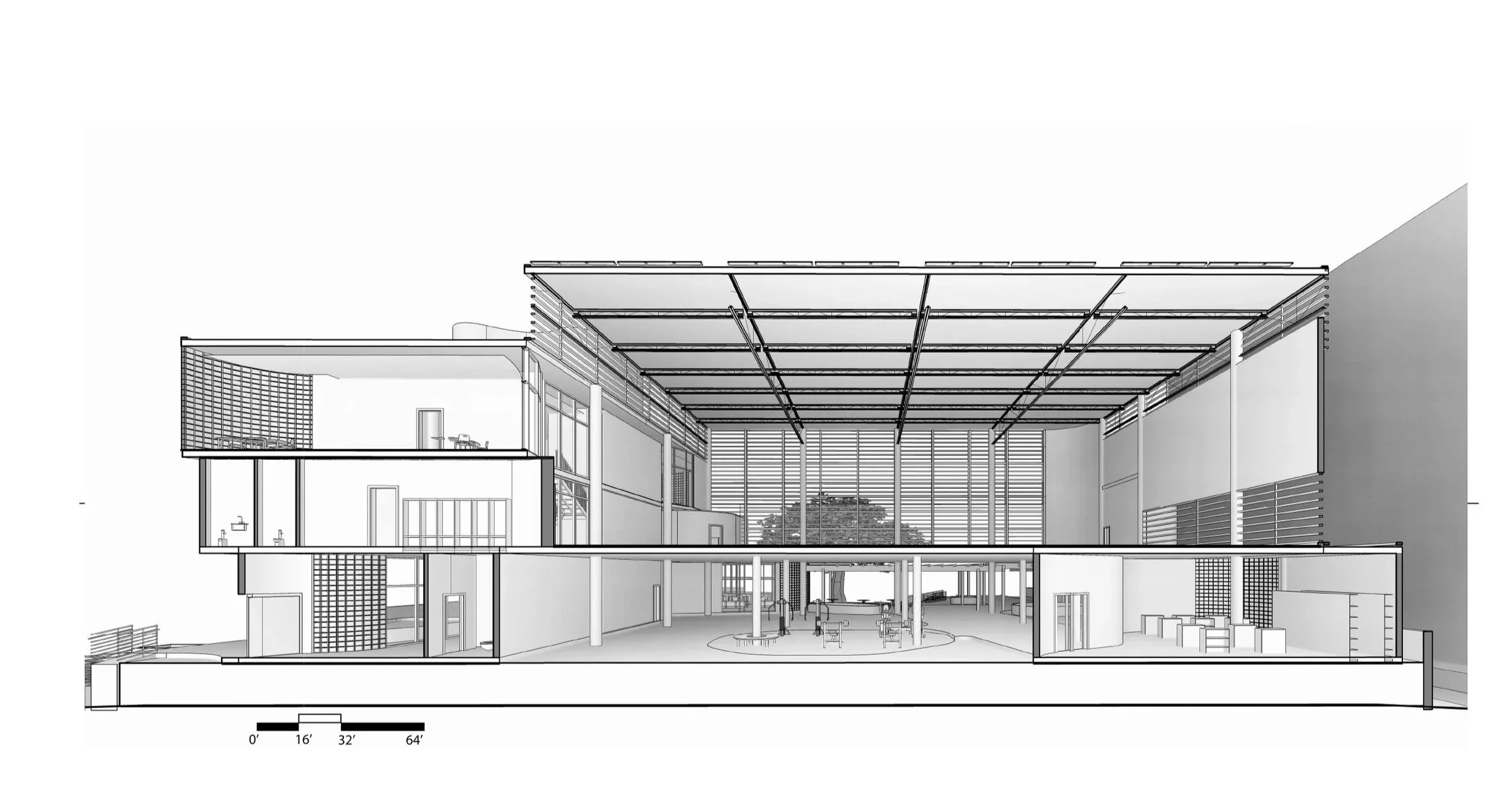 Architectural section drawing of a modern building highlighting interior spaces, structural elements, and exterior design features.