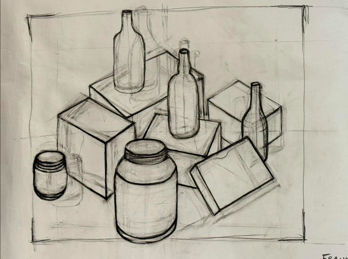 A pencil sketch of several bottles and boxes arranged on a table.