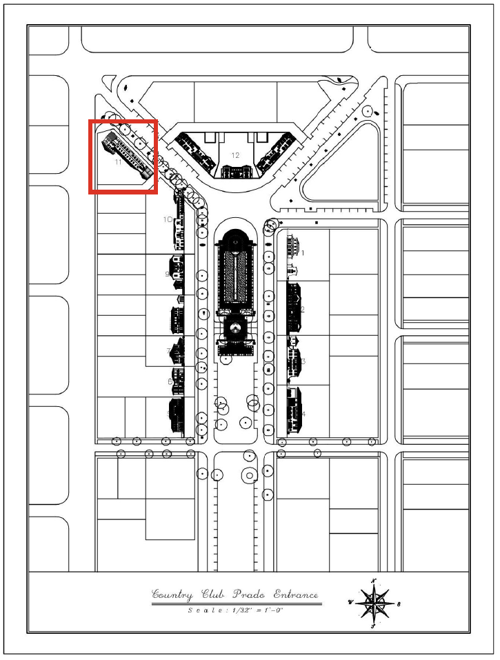 A detailed scaled map of the Country Club Prado Entrance showing building layouts, roads, parking areas, and landscaped sections.