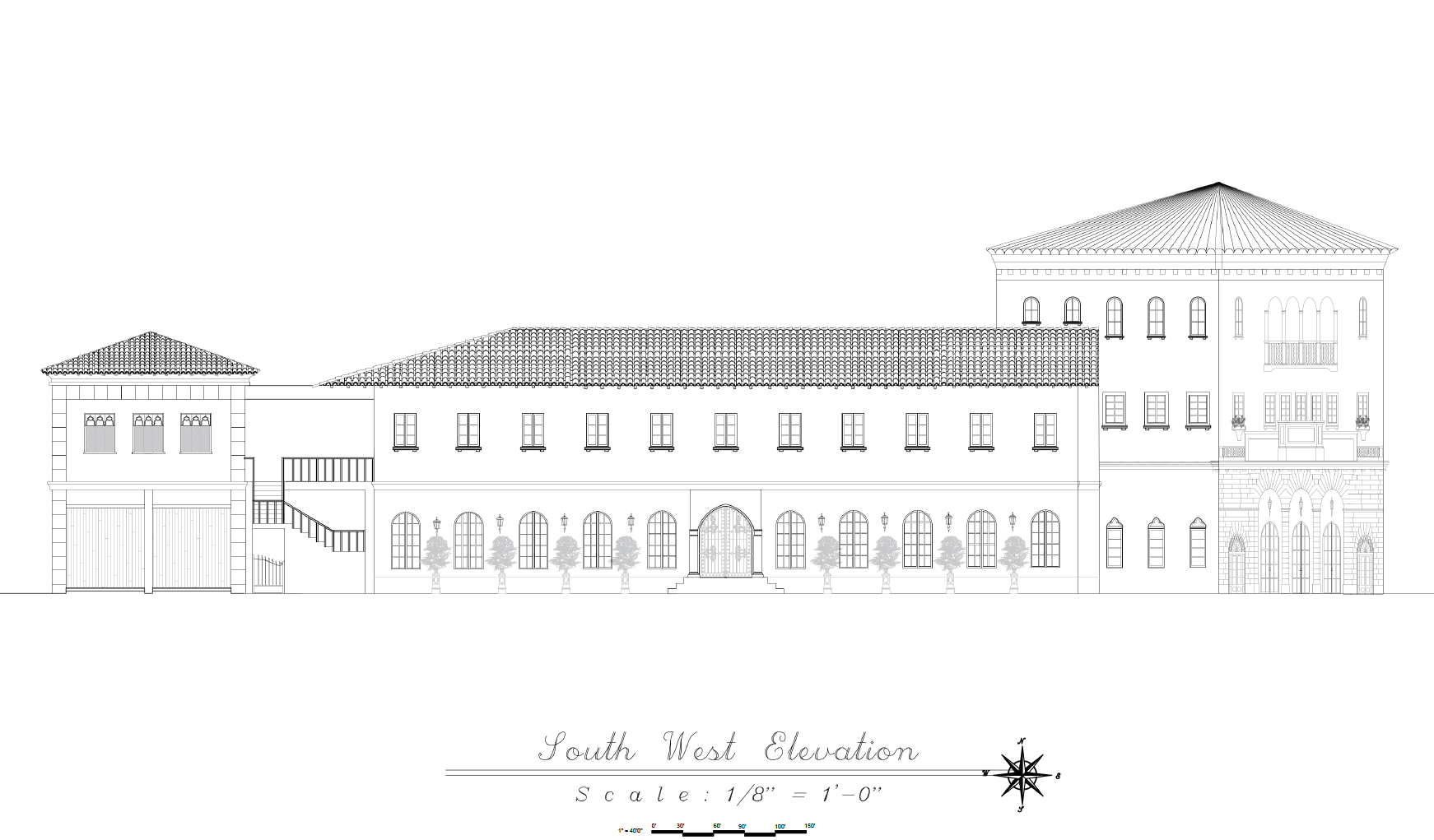 Architectural drawing of a large, multi-story building with red-tiled roofs, arched windows, balconies, and decorative elements, labeled as South West Elevation.