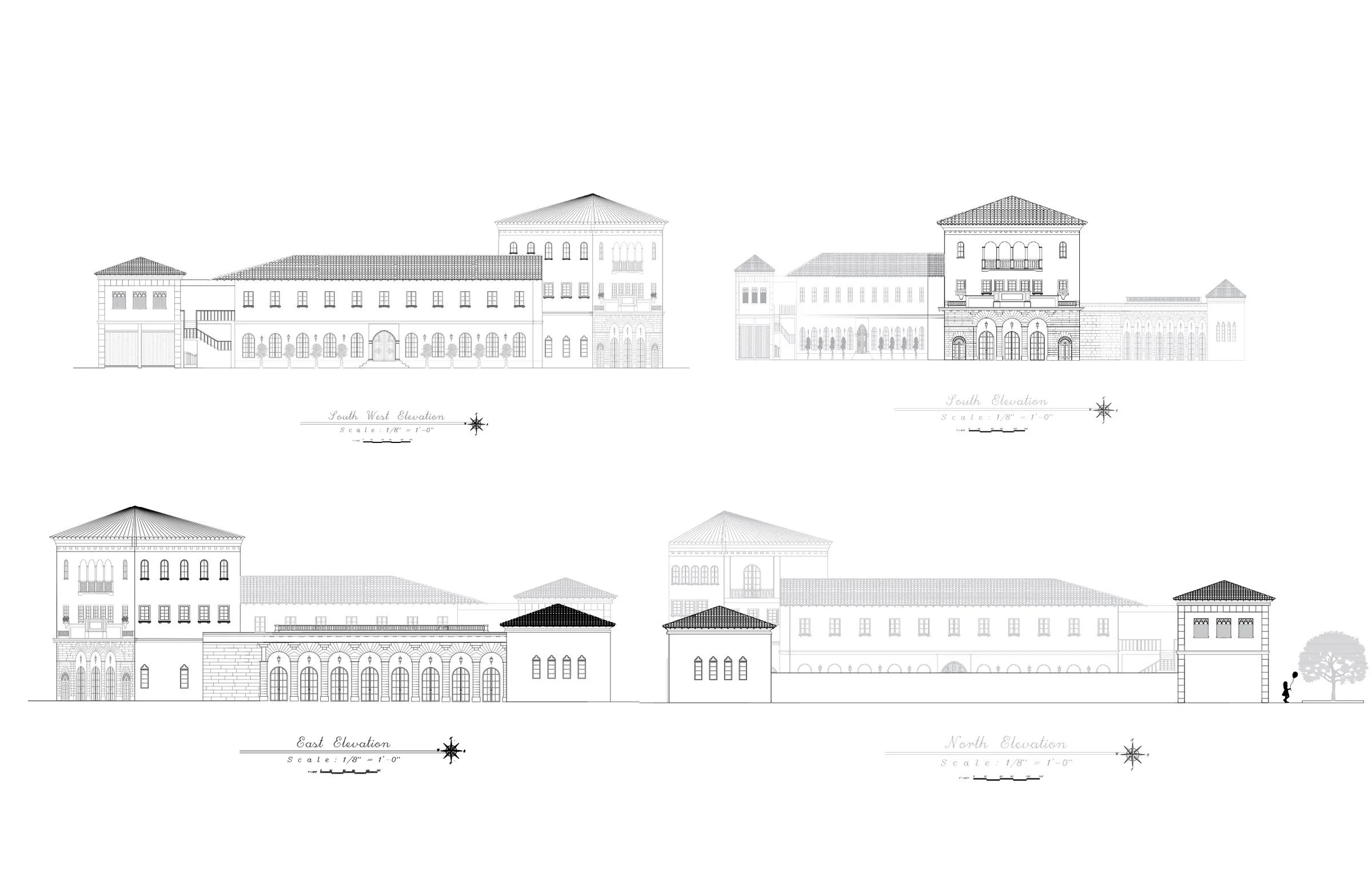 Architectural elevation drawings of a large, classical-style building with multiple wings and towers, labeled as South West, South, East, and North elevations, with a scale and compass rose included.