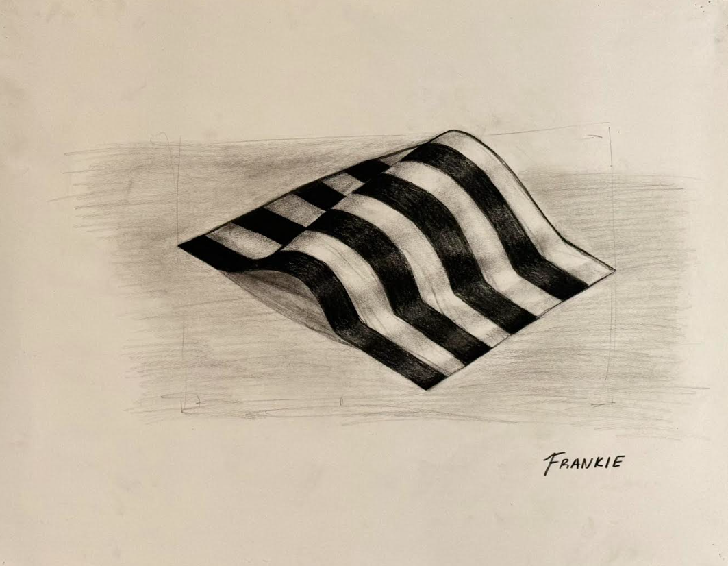 A pencil sketch of a checkerboard pattern with wavy black and white stripes, signed 'Frankie' at the bottom.