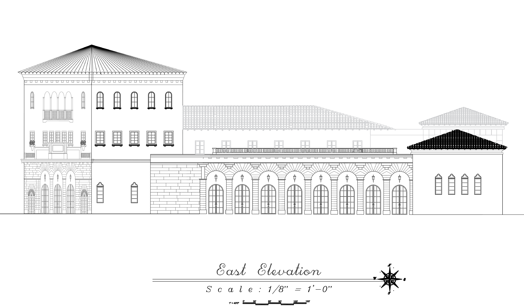 Architectural drawing of a historic building's east elevation, featuring multiple stories, arched windows, and decorative masonry, with a scale of 1/8 inch to 1 foot.