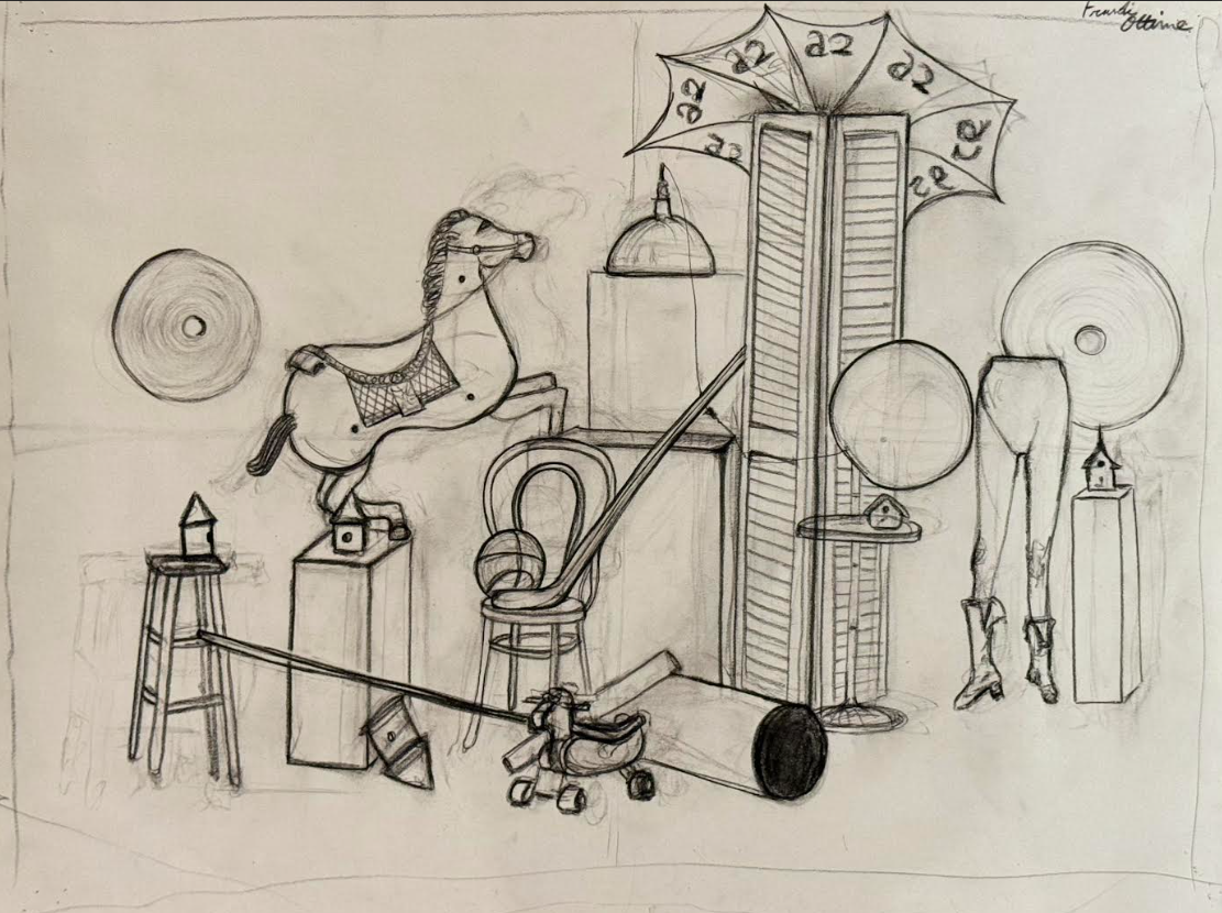 A sketch of a whimsical scene with a horse wearing glasses and a saddle, standing on a block. There is a bicycle, a chair, a table, and a folding room divider. Various objects like large circular discs, a small building, a lamp, a parasol with numbers, a small birdhouse on a pedestal, and an abstract shape resembling a tree trunk are scattered throughout the scene.