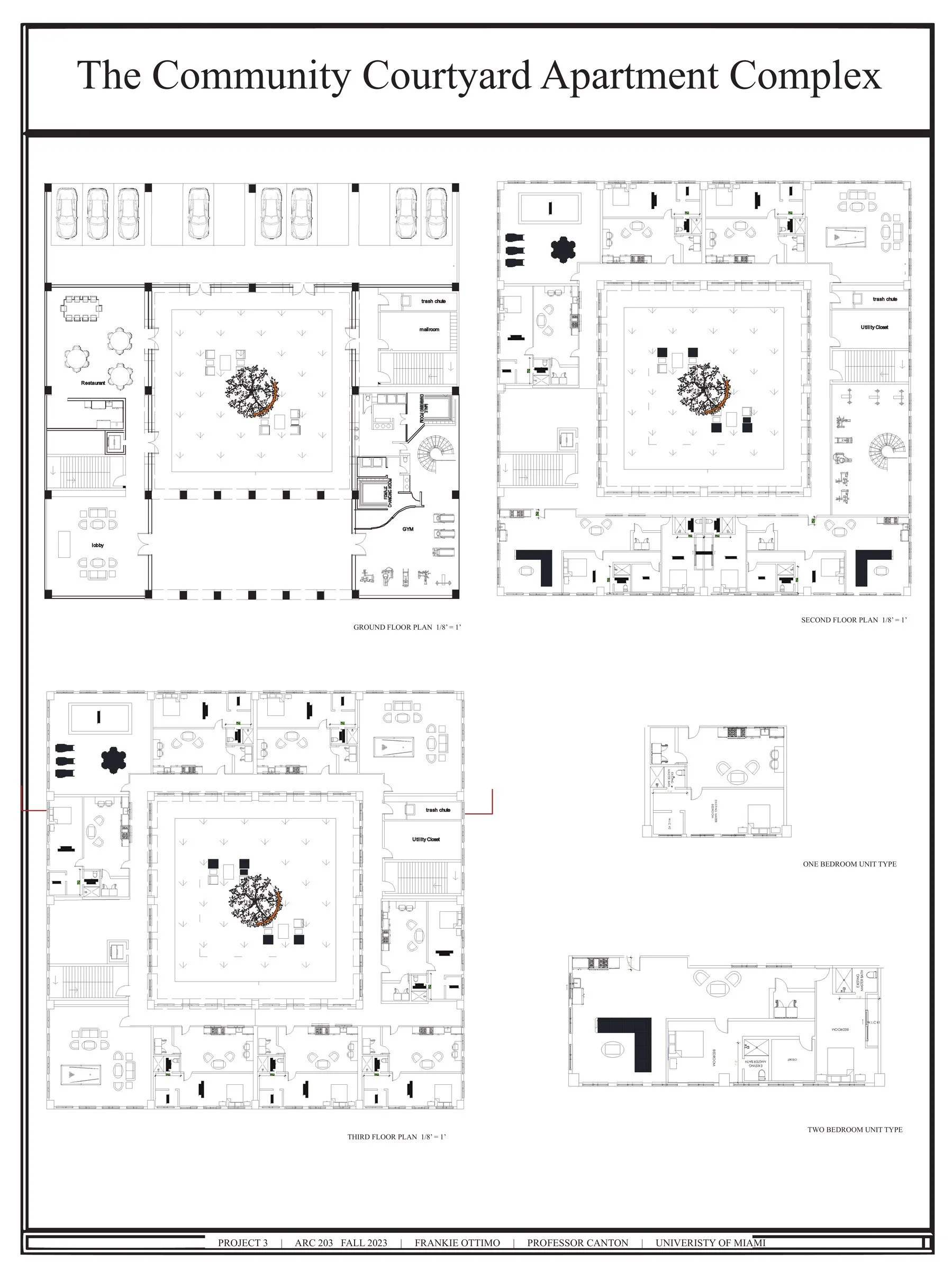 Architectural floor plans for a student apartment complex, showing ground, second, and third floors, with labels for different units and shared spaces. There are parking areas, common areas with tables, a gym, and various apartment layouts.