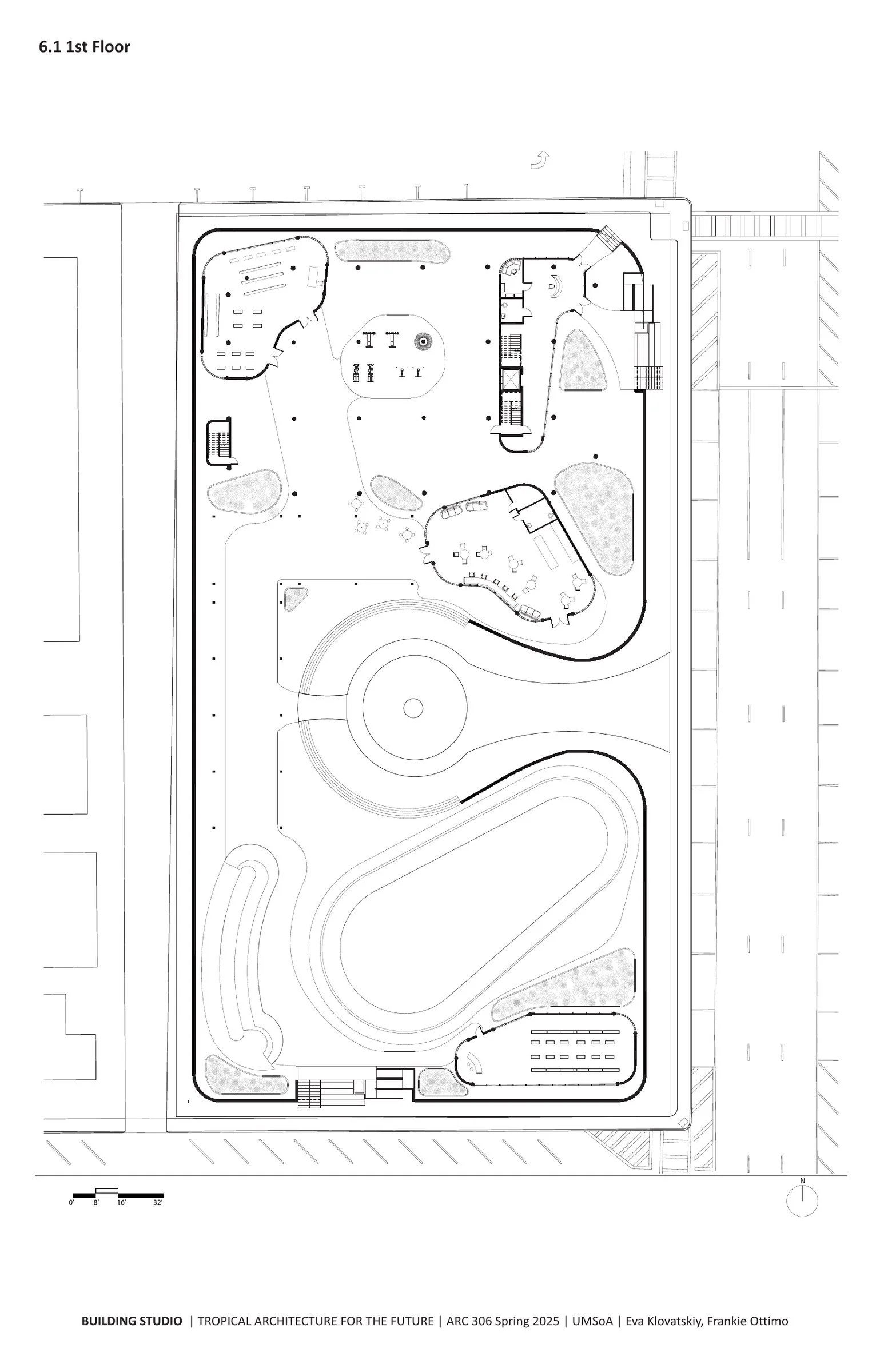 Architectural blueprint of the 1st floor for a tropical themed building, including outdoor landscape features, pathways, and interior room layouts, with annotations and scale.