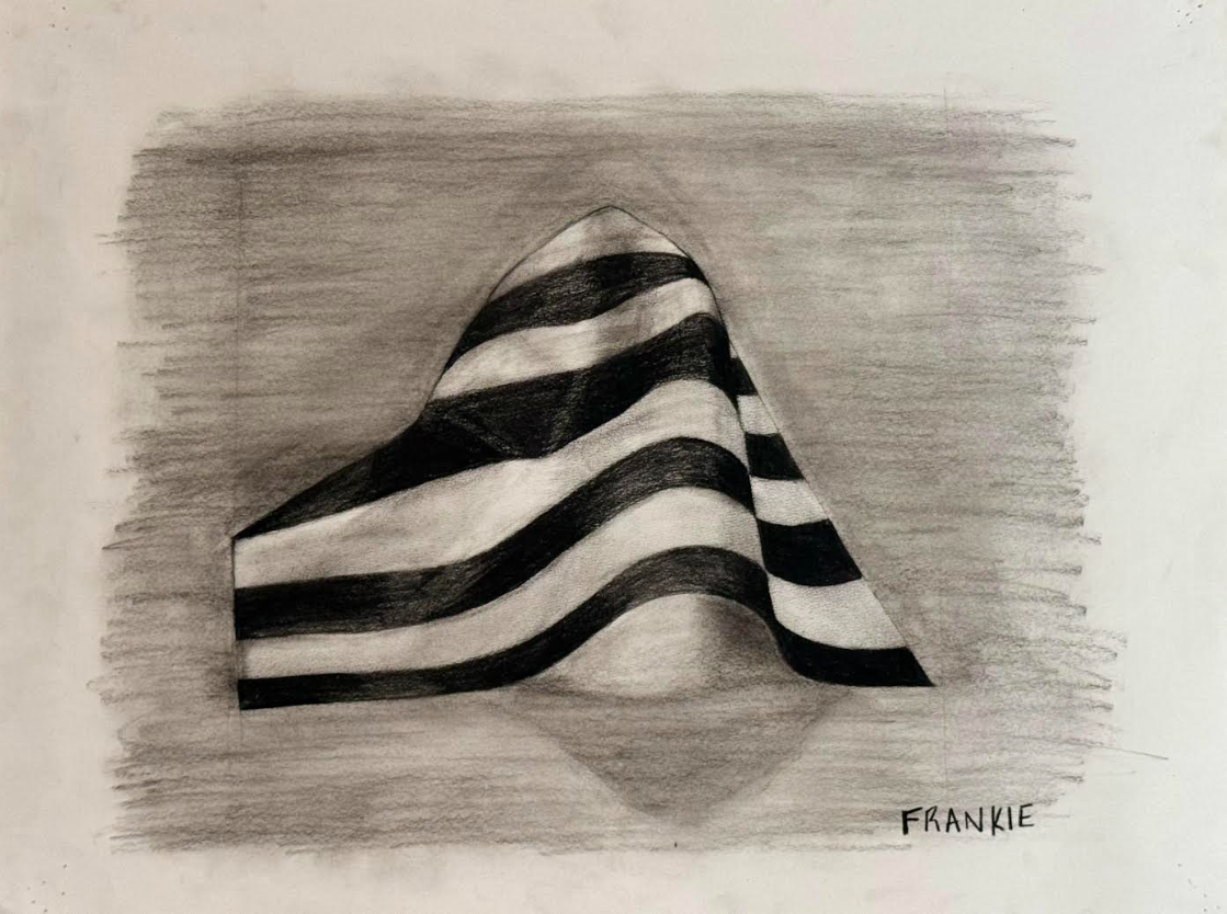 Pencil drawing of a mountain with black and white striped patterns, casting a shadow on a textured background. Signed 'Frankie' in the bottom right corner.