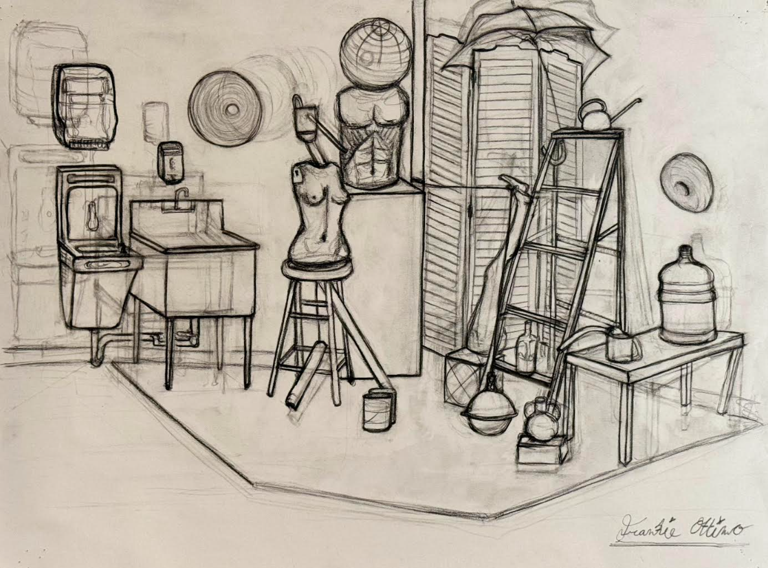 A sketch of an artist's studio with a sink, mannequin torso, various objects, and shelves. Contains a ladder, water bottles, umbrella, and a large water container.