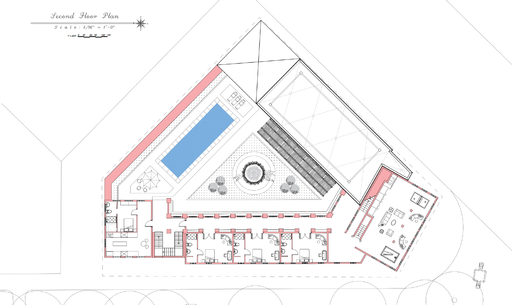 Architectural blueprint of a second floor plan with a swimming pool, landscaped garden, private rooms, and recreational areas.