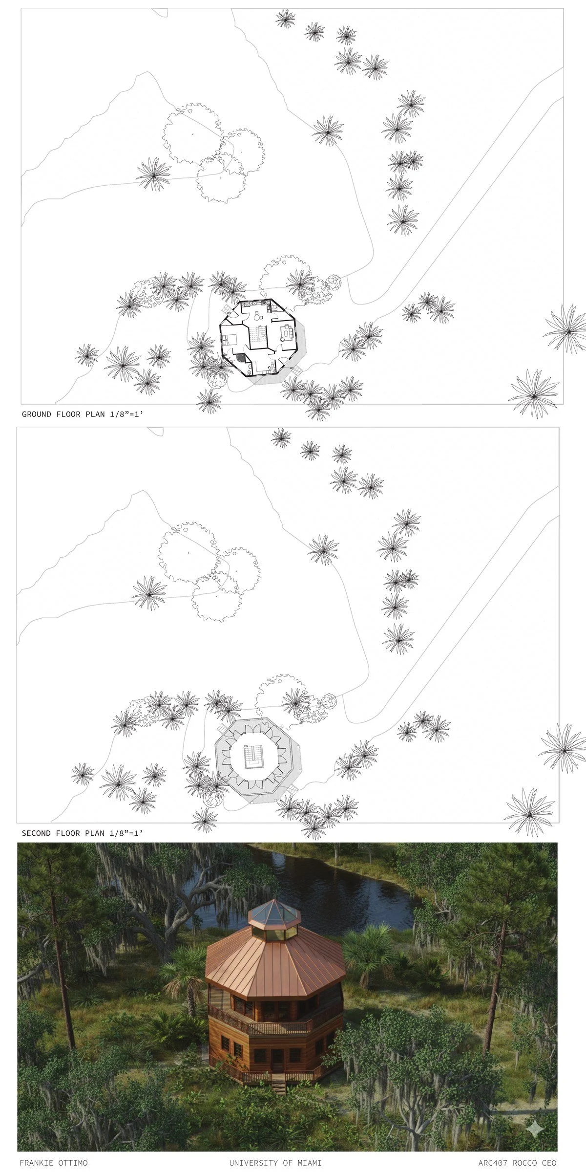 Architectural plans and a rendering of a wooden gazebo surrounded by trees near a water body.