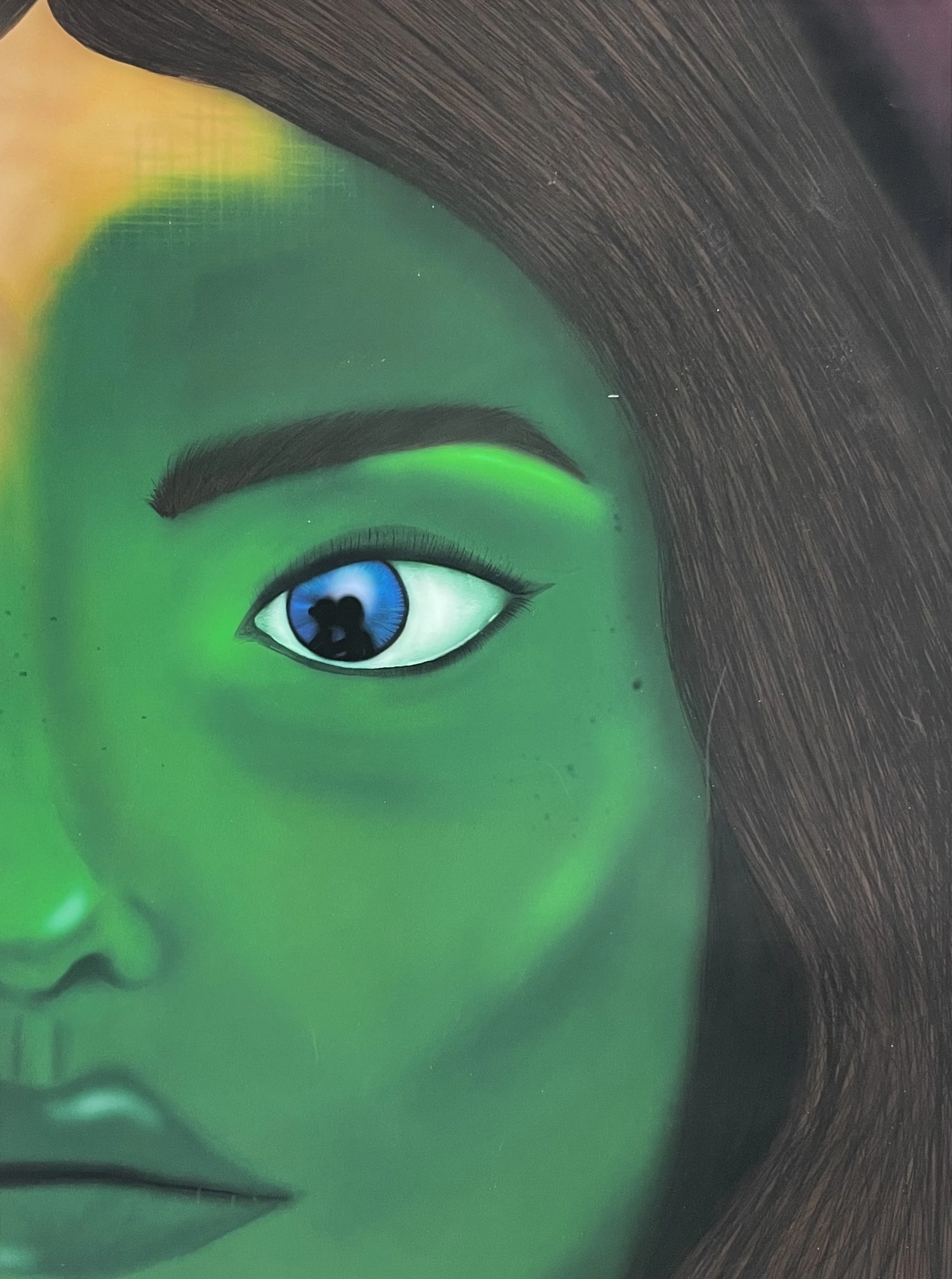 Close-up of a stylized illustration of a face with green skin, a blue eye, and dark hair.