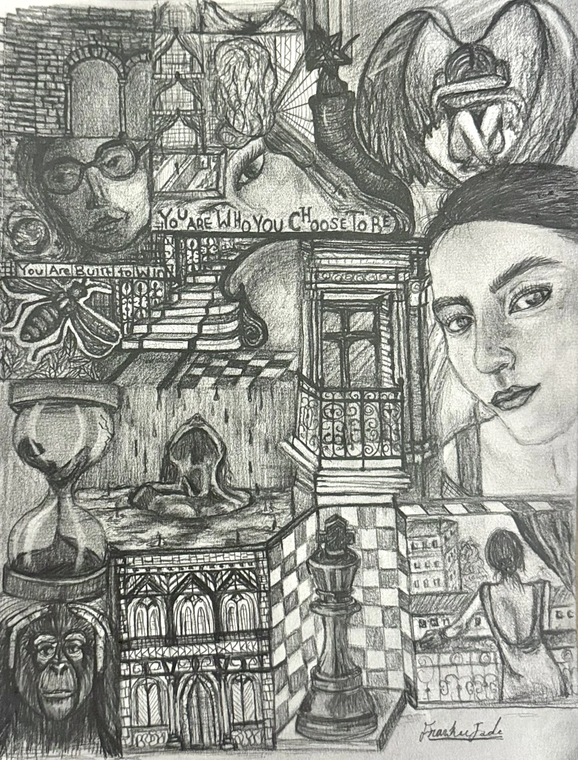 Architectural sketch of a grand building with intricate ironwork balconies, a staircase, human faces, a pumpkin with a carved face, a dragonfly, and a sign that reads "You Are Who You Choose To Be." The drawing features detailed shading and cross-hatching, giving it a textured, monochrome appearance. Signed by Frank Jade.