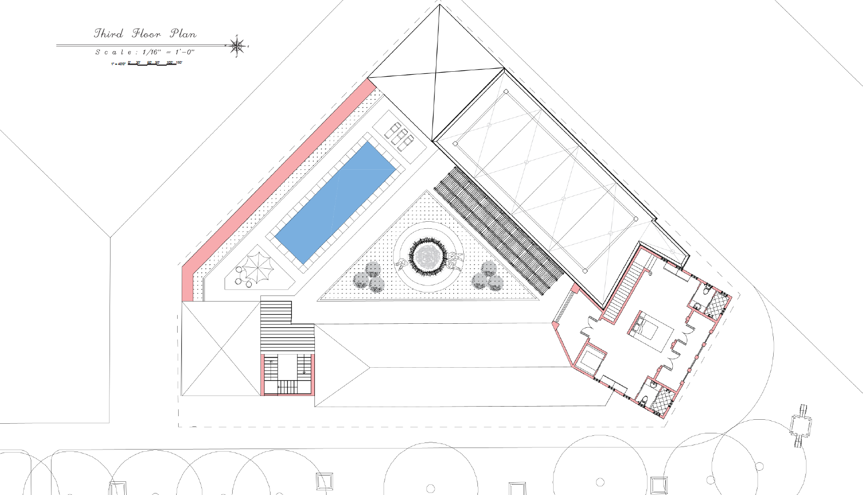 Architectural third-floor plan of a building featuring a swimming pool, landscaped area with shrubs and circular fountain, staircase, and various rooms outlined.