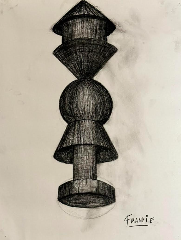 A pencil sketch of abstract geometric shapes stacked vertically, with a cone at the top, followed by a fan-like shape, a sphere, another fan shape, a cylinder, and a hollow cylinder at the bottom. Signed 'FRANLÉ' at the bottom right.