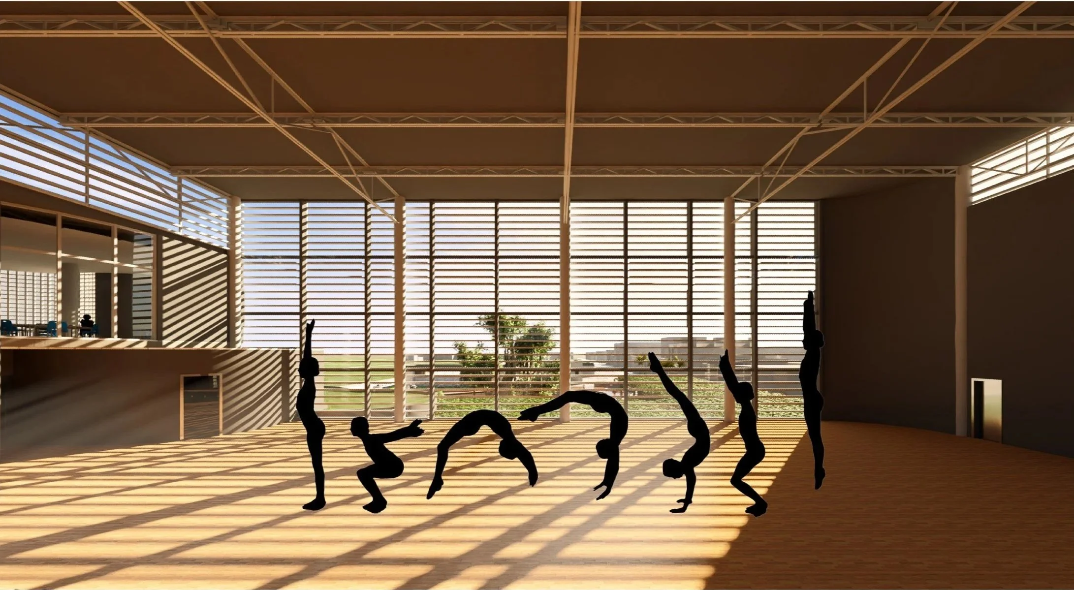 Silhouettes of children practicing gymnastics or dance inside a modern gymnasium with large windows and shadows cast by window blinds.