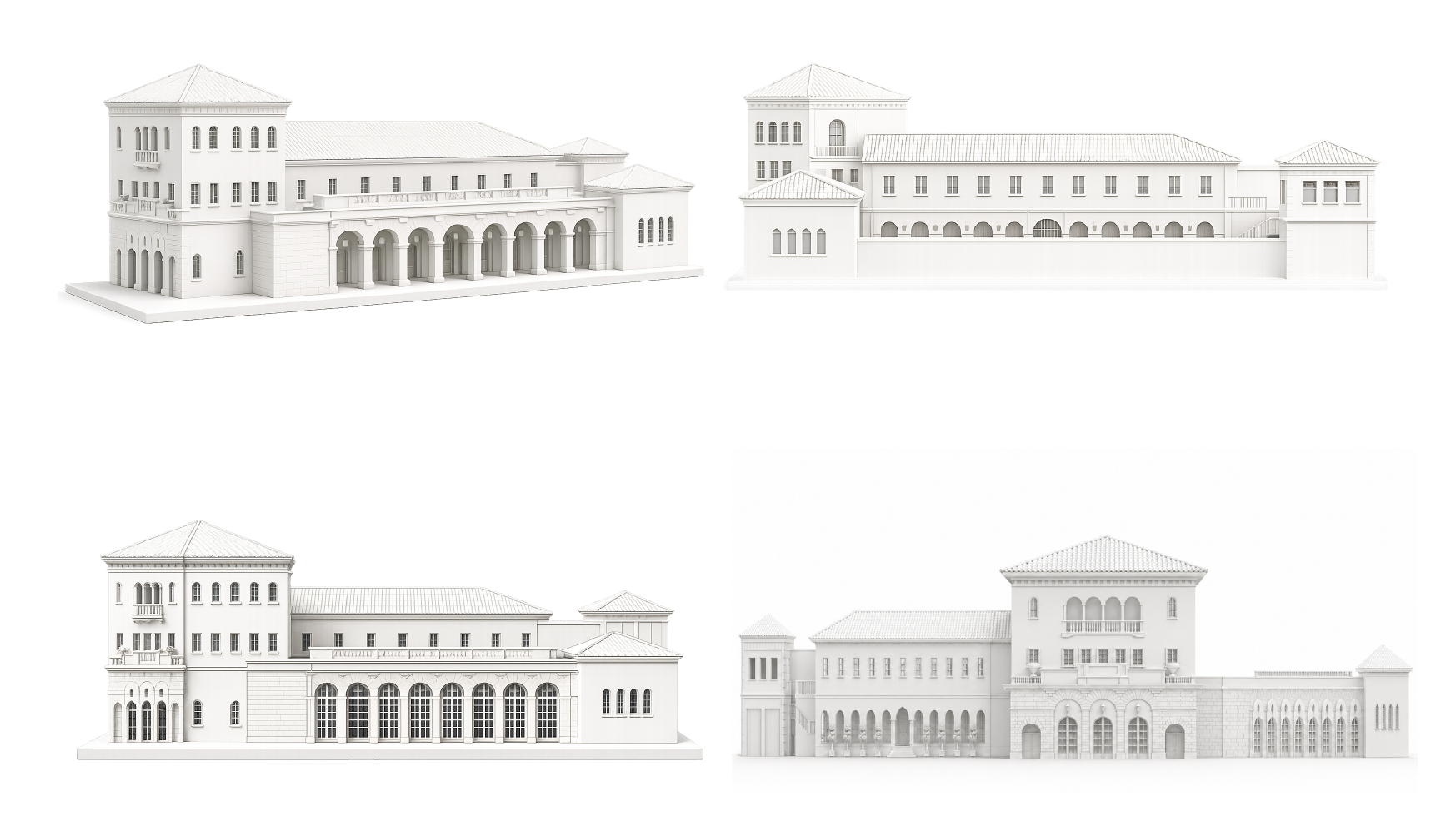 A collection of four white architectural models resembling historic European buildings with arched windows, balconies, and tiled roofs displayed against a white background.