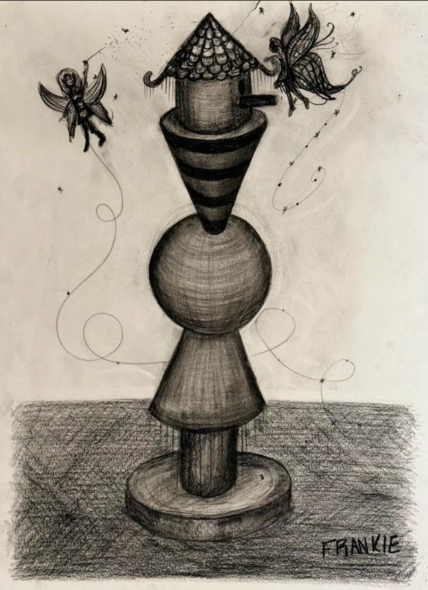 A pencil sketch of a chess piece with two fairy-like insects flying around it, one on the left and one on the right, with a textured ground and the artist's signature 'F. Frankie' at the bottom.