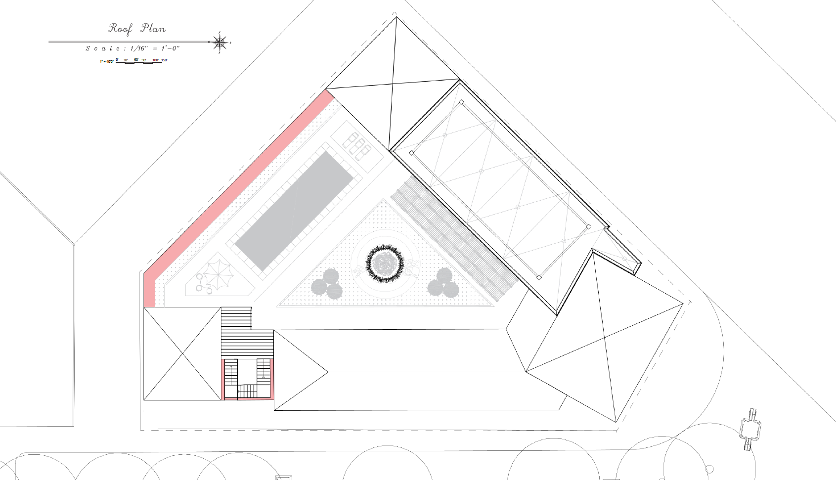 Architectural roof plan of a building showing rooflines, a central courtyard with landscaping, a pool, a bench, stairs, and shaded areas.