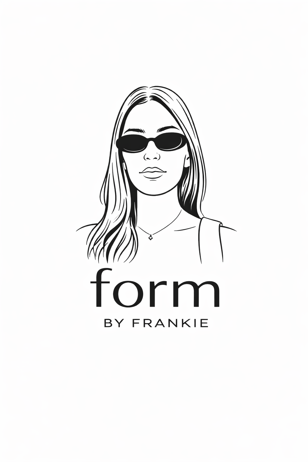 Black and white line drawing of a woman with long hair, wearing sunglasses and a necklace, with the text "form by Frankie" below.