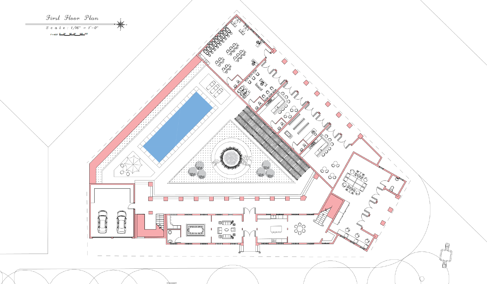 Architectural floor plan of a building with a central outdoor area including a pool, garden, and seating area, surrounded by various rooms and facilities.