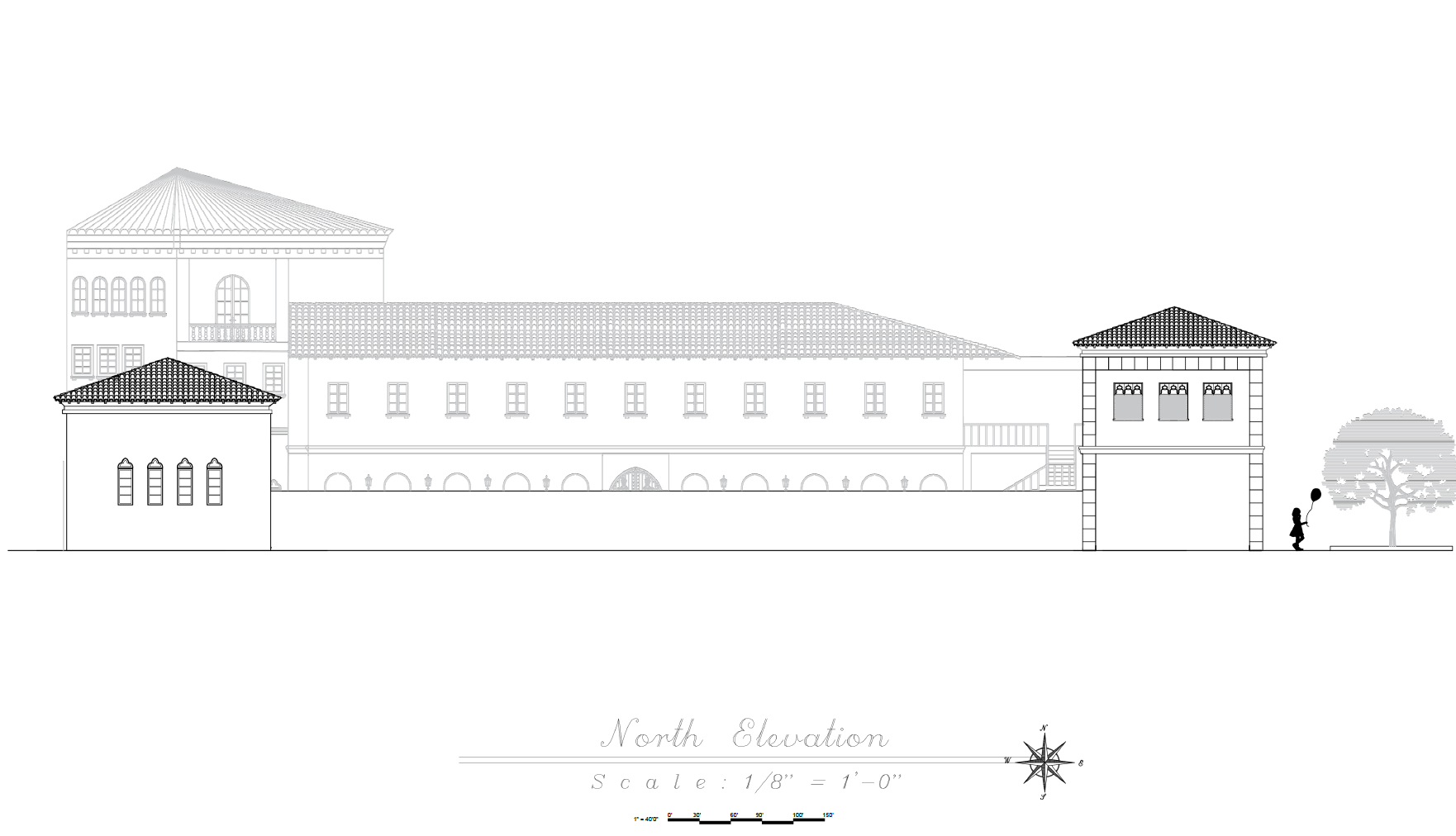 Architectural blueprint of a building's north elevation, featuring multiple sections with detailed windows, doors, and roof designs, including a person holding a balloon and a tree in the background.