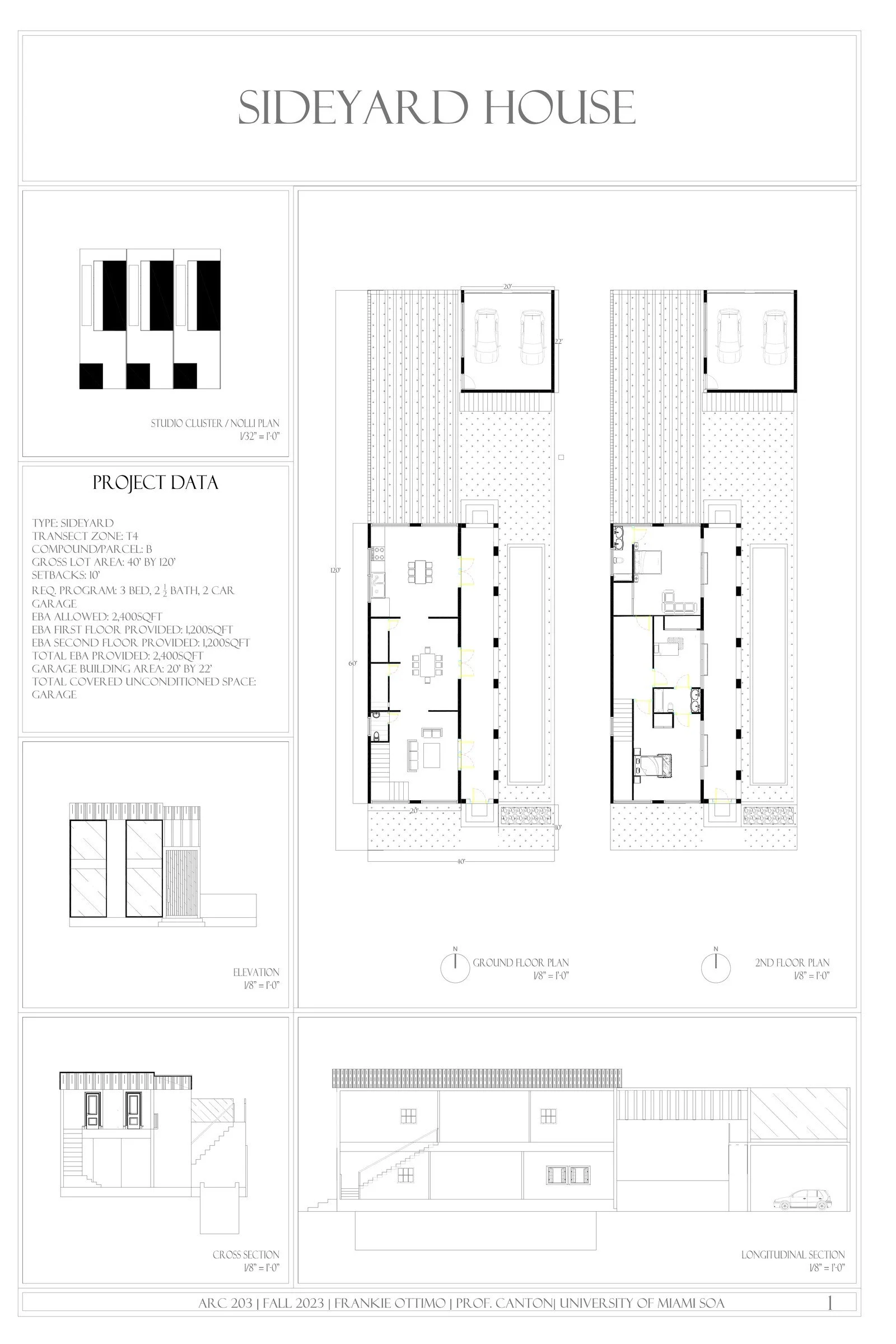 Architectural blueprint of a two-story house with a garage, including ground and second-floor plans, elevations, and cross-section views.