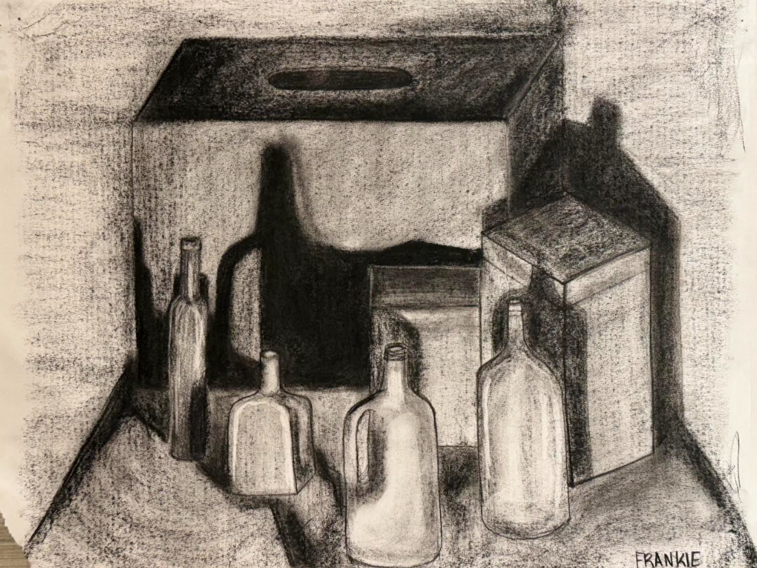 A black and white drawing of four glass bottles and boxes on a table, with a dark background.
