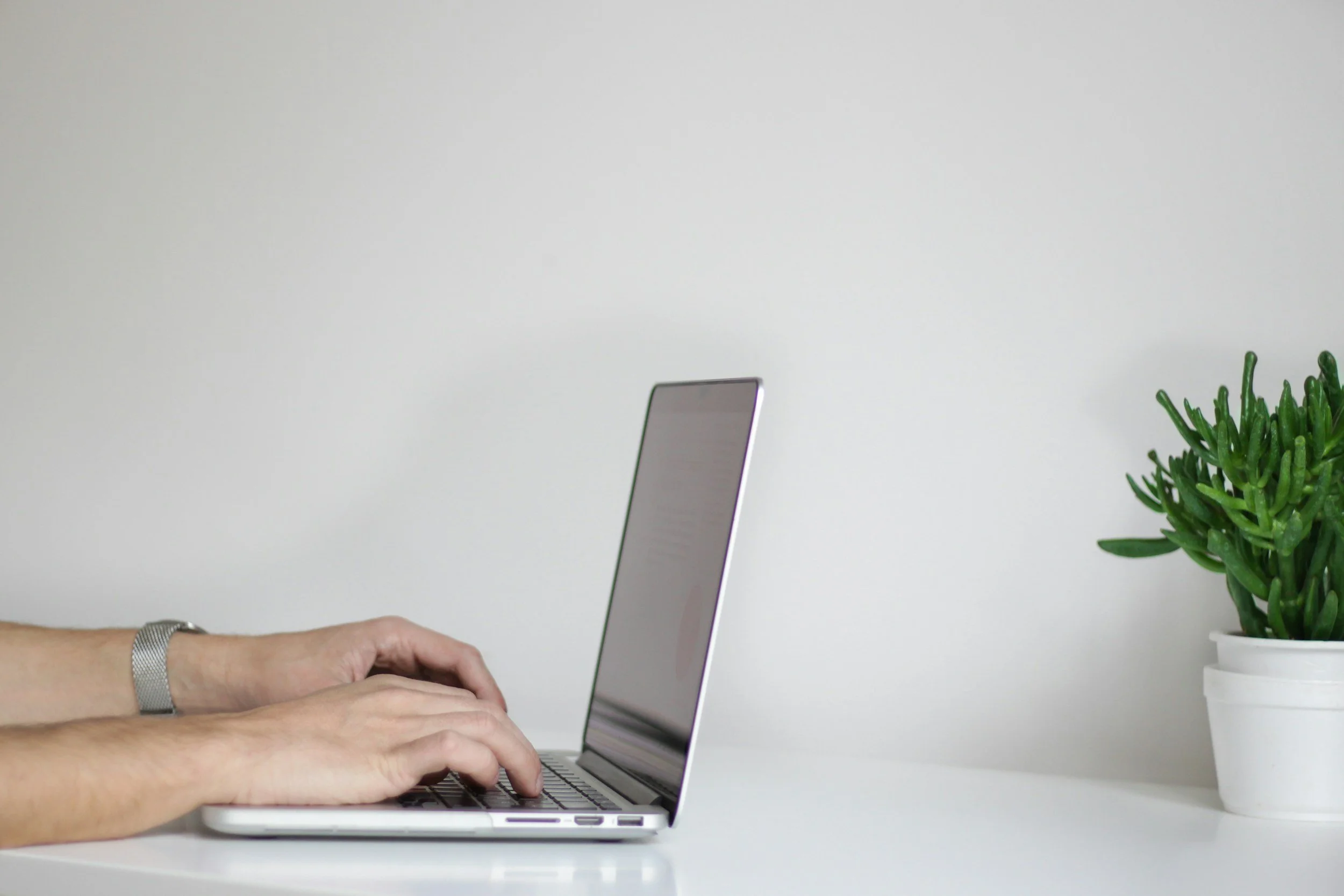 Person typing on a silver laptop with a potted green plant on the right side of a white desk.