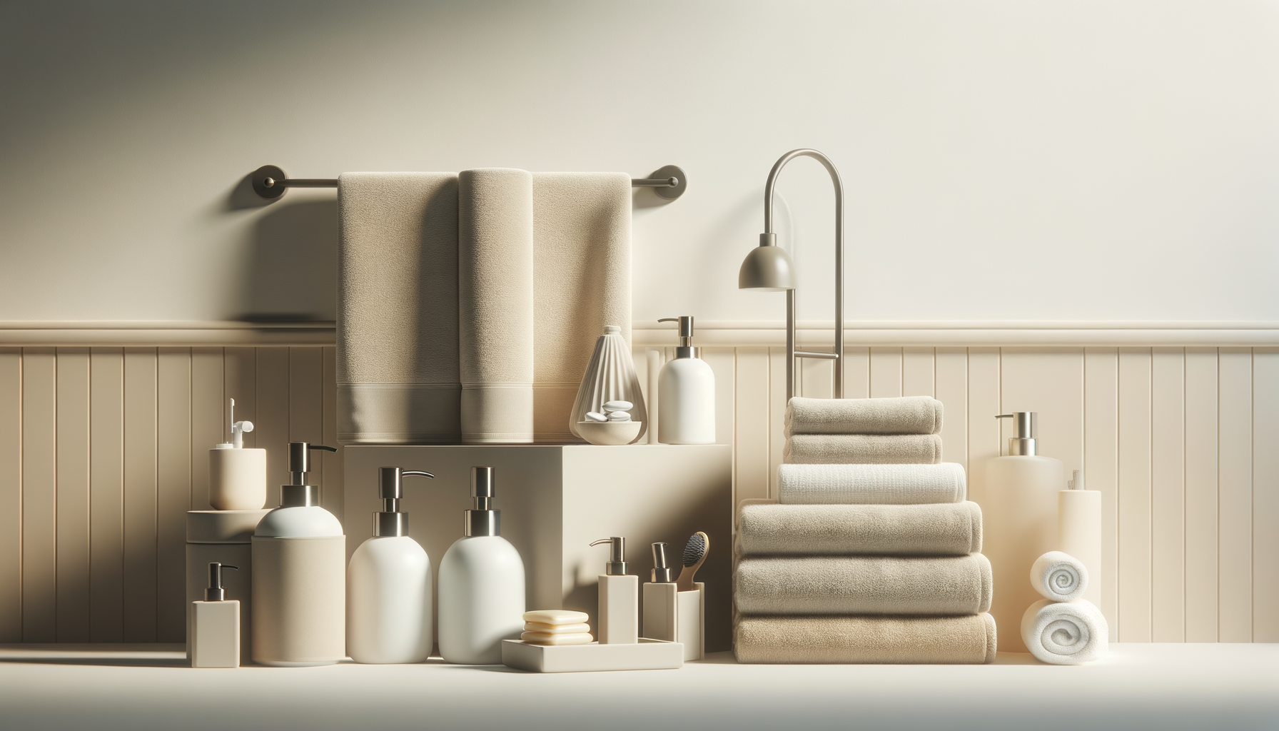 Neutral-toned bathroom with towels, soap dispensers, and rolled towels on a white surface against a white wall with wall paneling.