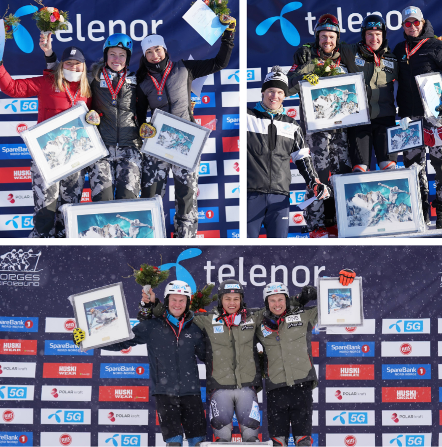 Utdelinger av premier til skiløpere på en medaljeseremoni, med vinnere som holder opp blomster og freebies, med en bakgrunn som har logoer for Telenor og andre sponsorer.