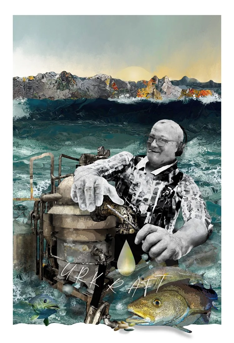 Et kunstnerisk bilde av en eldre mann med briller og hodetelefoner som jobber med et maskinlignende utstyr, omgitt av vann og fisk, med fjell i bakgrunnen og en solnedgang.