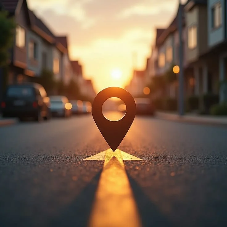 Un marqueur de localisation sur une route au coucher du soleil dans un quartier résidentiel.