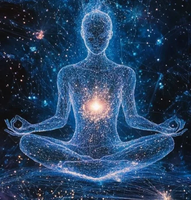 illustration numérique d'une personne en position de méditation, composée de particules lumineuses et d'étoiles, avec un centre lumineux au niveau du cœur, symbolisant la connexion spirituelle et l'énergie cosmique