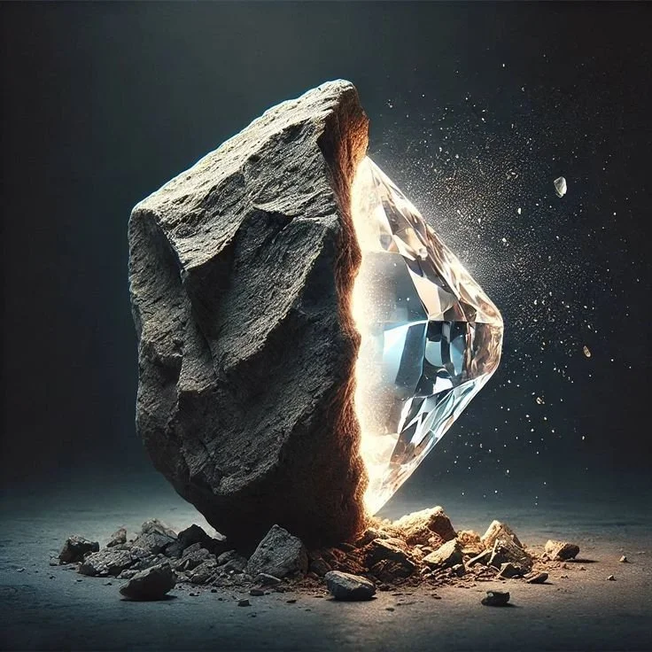 Une roche en partie recouverte d'un diamant brillant qui émet une lumière intense, créant un contraste entre la roche brute et le diamant poli.