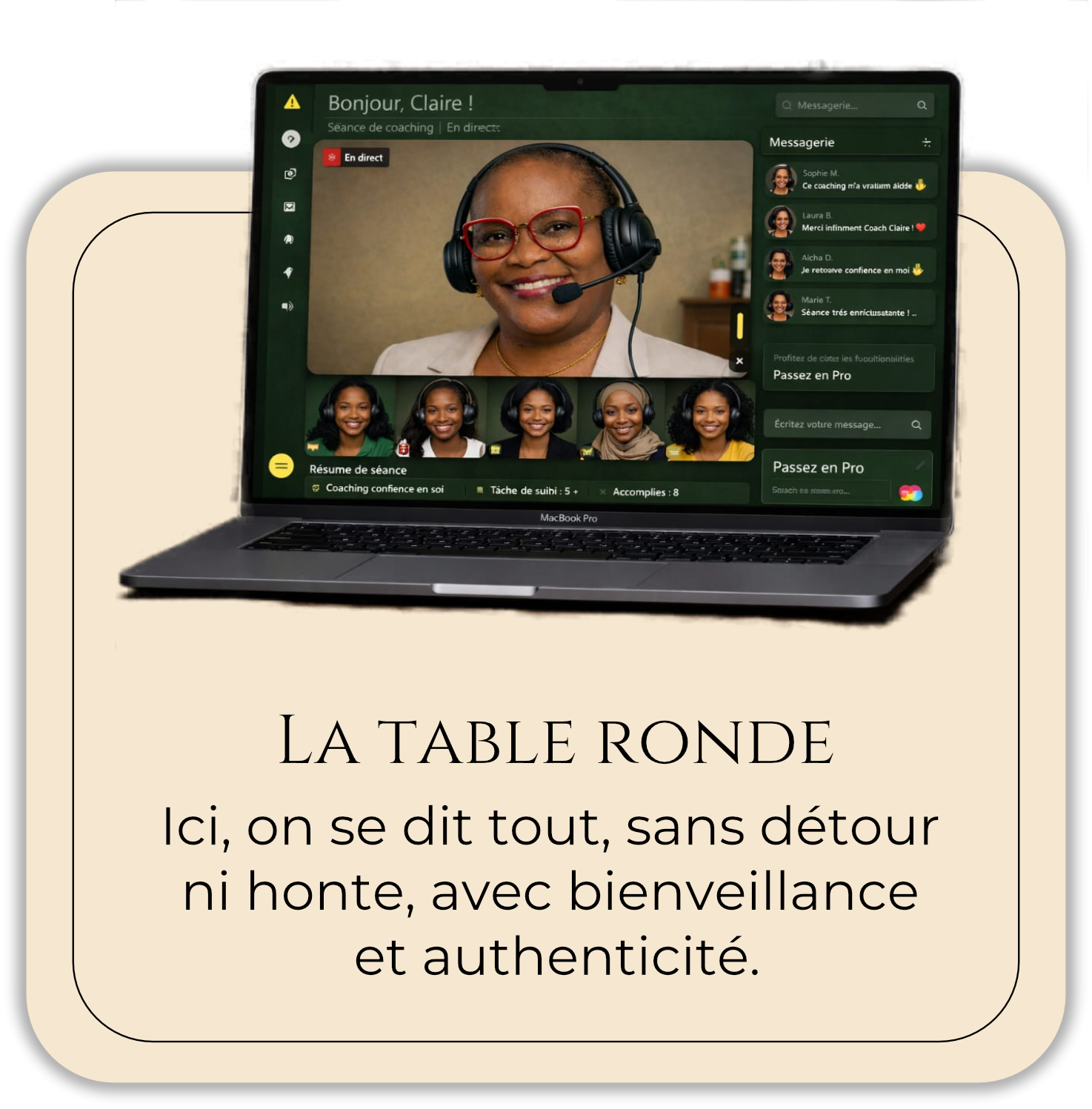 Une image d'un ordinateur portable affichant une séance de coaching en ligne avec plusieurs femmes qui sourient, portant des écouteurs et utilisant un logiciel de messagerie, sur un fond beige avec du texte en français.