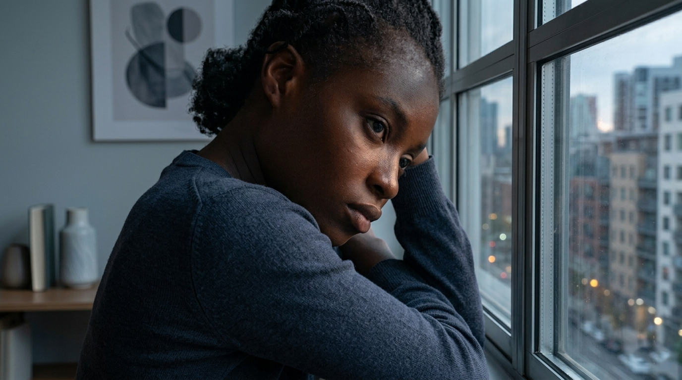 Femme regardant par la fenêtre en ville, expression pensive