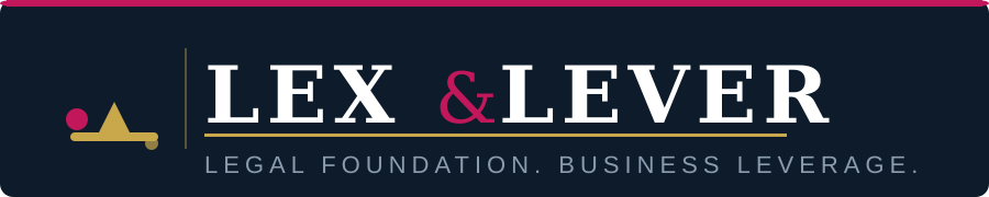 Logo of Lex & Lever with a dark background, featuring a scales icon in gold and pink, and the text 'LEX & LEVER' with a tagline 'LEGAL FOUNDATION. BUSINESS LEVERAGE.'