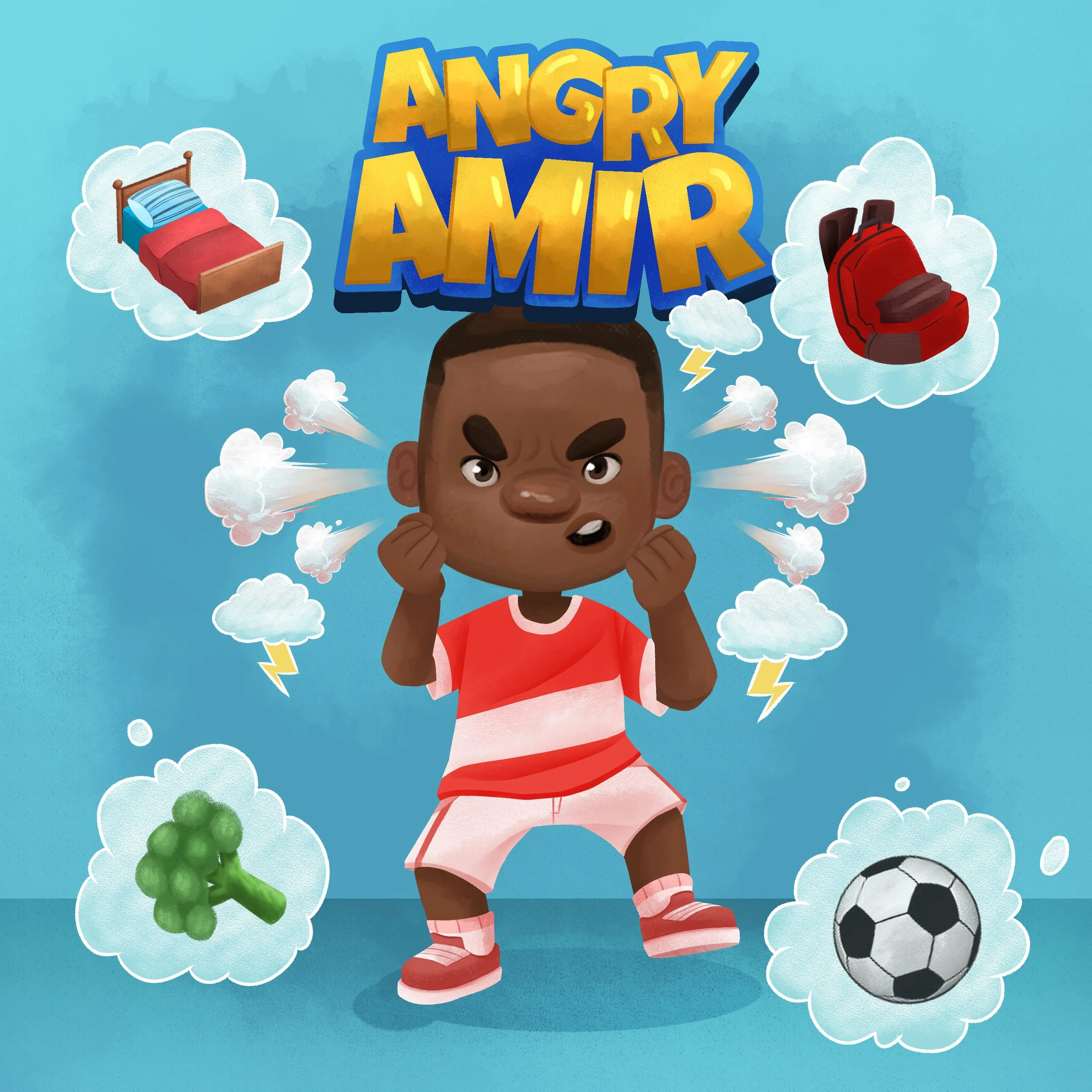 Cartoon scene with a young boy in a red and pink sports outfit, standing with a determined expression amid clouds, lightning, and a soccer ball, with a thought bubble showing a bed and a backpack.